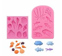 Thème Marin Moule Fondant Moules - Décoration 3d D'animaux Marins avec Corail Coquillage Poisson pour Biscuits Bonbons Cupcakes Gâteaux Chocolat Savons Résines époxy, 2 Pièces