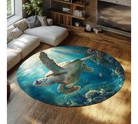 Thème océan Surface Ronde Tapis antidérapant Fin Tortue des Profondeurs Poissons et Corail Salon Chambre Salle à Manger Moquette Douillet Lavable à Poil Bas 200x200cm