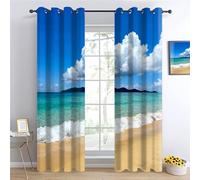 Thème Plage Rideau Occultant, Ciel Bleu, Nuages Blancs, océan Tenture Opaque Draperies, hawaïen Salon Rideaux, Paysages naturels tropicaux Intérieurs Rideau Thermique Isolant L60 x H140cm 2 Panneaux