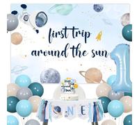 Thème spatial Décorations d'anniversaire pour garçons, premier voyage autour du soleil Premier anniversaire Fournitures de fête pour garçons de 1 an, ballons bleus océan fond chaise haute bannière