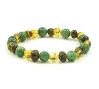TheNaturalAmber Bracelet en ambre verte pour adulte - Perles en ambre de la Baltique polies baroque et jade africaine de 18 cm - Fait à la main - Bijoux en ambre véritable et jade