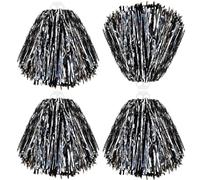 Thenshop Lot de 4 pompons de pom-pom girl Squad Spirited Fun Pompons en feuille métallique pour adultes, sport, réunion, esprit d'équipe, fête d'encouragement (noir et argenté)
