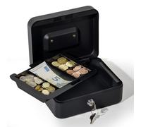 Theo&Cleo Caisse à monnaie verrouillable avec 5 compartiments (20 x 16 x 8,5 cm), caisse en acier pour billets et pièces de monnaie, petite boîte à monnaie avec clé pour bureau, maison (noir, 20 x 16