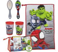 Theonoi Unisex Adulto 2500002853 Set de jardin d'enfants 3 pièces de Marvel Spidey & Friends : serviette, brosse et gobelet dans une trousse de toilette sans PVC, 0