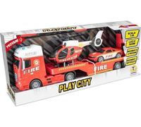 Théorème - Tir, Camion jouet pour enfants, avec hélicoptère et voiture, jeu de véhicules avec lumières et sons, mouvement d'embrayage, échelle 1:16, thème pompiers