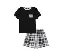 ThePyjamaFactory Pyjama Court en Coton à Carreaux Noirs et Gris pour Filles PJ's pour Enfants (10-11 Ans)