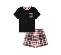 ThePyjamaFactory Pyjama Court en Coton à Carreaux Noirs et Roses pour Filles PJ's pour Enfants (12-13 Ans)