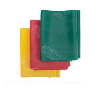 Pack sangles élastiques Thera-Band couleur jaune-rouge-vert résistance faible 1,8 m. x 15 cm.