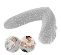 Theraline Coussin Allaitement et Grossesse 190 cm - Leaves, Gris | Microbilles silencieuses, housse amovible 100 % coton, lavable en machine à 60 °C, sans substances nocives