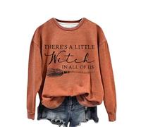 There's A Little Witch In All Of Us. Sweat à capuche imprimé monogramme Halloween sorcière col rond sans capuche pour femme, Orange, L