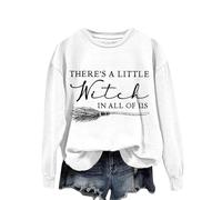 There's A Little Witch In All Of Us. Sweat à capuche imprimé monogramme Halloween sorcière col rond sans capuche pour femme, blanc, XL