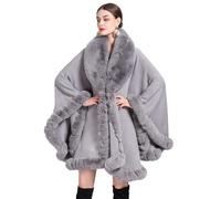 THERIM Poncho D'hiver en Fourrure pour Femmes Cape de Luxe en Fausse Fourrure Cardigan Chaud Cape Mi-longue Enveloppes de Mariage,Gris,One Size