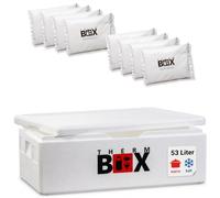 THERM BOX Boîte isotherme en polystyrène 53 W - 53 litres - Avec 8 blocs réfrigérants en gel - Dimensions intérieures : 62,5 x 44 x 20 cm - Épaisseur de paroi : 3 cm - Boîte isotherme en polystyrène