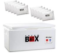 THERM BOX Boîte isotherme en polystyrène 80 W - 80 l - Avec 10 blocs réfrigérants en gel - Dimensions intérieures : 62,5 x 44 x 30 cm - Épaisseur de paroi : 3 cm - Boîte isotherme réutilisable