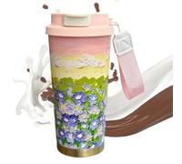 Thermal Coffee Cup, 500ml Insulated Mug, Stainless Steel Flower Pattern Double Drink Modes Water Bottle with Lanyard and Lid for Hot or Cold Beverages, Perfect for Men and Women, School, 9.2x9.2x19cm