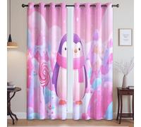 Thermique Opaque Rideau Isolant et Anti Froid et Chaleur Dessin Animé Pingouin Bonbon Mignon Rideau Occultant pour Salon Chambre Séparation, Rose Violet, 140L x 180H cm, 2 Panneaux