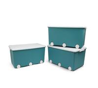 THERMOBABY - Coffre de rangement PLAYBOX - MAXI 42 L - Lot de 3 Boites de Rangement - Caisse de Rangement en Plastique avec Couvercle - Clips de Fermeture - Poignée - Empilable - Vert Azur