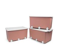 THERMOBABY - Coffre de rangement PLAYBOX - MAXI 42 L - Lot de 3 Boites de Rangement - Caisse de Rangement en Plastique avec Couvercle - Clips de Fermeture - Poignée - Empilable - Rose