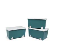 THERMOBABY - Coffre de rangement PLAYBOX - MEDIUM 26 L - Lot de 3 Boites de Rangement - Caisse de Rangement en Plastique avec Couvercle - Clips de Fermeture - Poignée - Empilable - Vert Azur