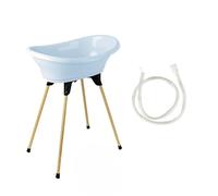 THERMOBABY - Kit Baignoire Bébé - Vasco - Baignoire, Pied En Bois & Tuyau De Vidange - Innovation Brevetée - Pliable & Stable - Peut Accueillir Un Transat De Bain - Fabriqué En France - Fleur Bleue