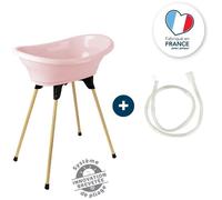 Thermobaby Kit baignoire bébé Vasco – pliable, pied en bois, tuyau de vidange – Rose poudré