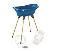 THERMOBABY - Pack Baignoire Bébé VASCO 5 En 1 - Baignoire, Pied En Bois, Tuyau De Vidange, Transat De Bain, Thermomètre - Bleu Océan - Pliable & Stable - Fabriqué En France