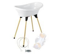 THERMOBABY Pack baignoire Vasco 5 en 1 avec pied - Blanc muguet | Comprend une baignoire, un pied en bois, un transat, un thermomètre et un tuyau de vidange. Fabriqué en France.