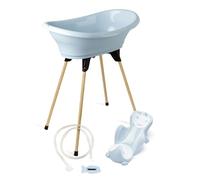 THERMOBABY Pack baignoire Vasco 5 en 1 avec pied - Fleur Bleue | Comprend une baignoire, un pied en bois, un transat, un thermomètre et un tuyau de vidange. Fabriqué en France.
