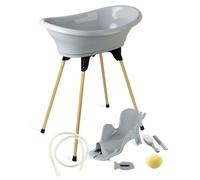 THERMOBABY - Pack Bain Bébé Vasco 7 en 1 Gris - Baignoire + Pied + Vidange + Transat de bain réglable + Thermomètre + Eponge + Brosse et peigne - Fabriqué en France