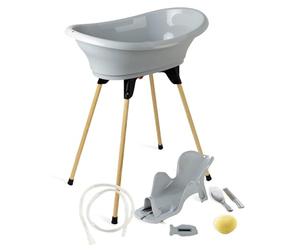 THERMOBABY - Pack Bain Bébé Vasco 7 en 1 Gris - Baignoire + Pied + Vidange + Transat de bain réglable + Thermomètre + Eponge + Brosse et peigne - Fabriqué en France