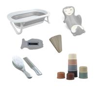 THERMOBABY - Pack Bain FOLDY Complet - Baignoire Pliable - Transat De Bain - Thermomètre - Brosse et Peigne - Jouets Et Lime À Ongles - Ensemble Pratique Et Compact Pour Bébé