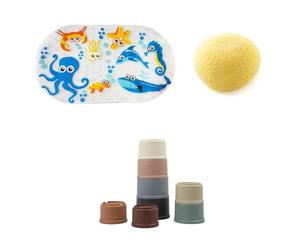 THERMOBABY - Pack Complet Accessoires Bain Bébé -Tapis Antidérapant Marin - Éponge Synthétique Ultra-Douce - Jouets Empilables Éducatifs - Accessoires De Soins - Idéal pour L'Amusement Au Bain