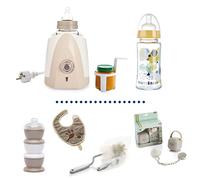 THERMOBABY Pack repas 1er Âge - Chauffe-biberon - Biberon - Boîte transport de lait - Goupillon pour biberons - Bavoir attache-sucette - Coffret cadeau attache-sucette