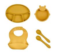 THERMOBABY - Pack Repas Bébé En Silicone - Assiette Avec Ventouse, Bol Avec Ventouse, Bavoir, Cuillères - Set Complet Et Pratique Pour Les Premiers Repas De Bébé - Jaune Miel