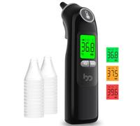 Thermomètre Auriculaire, Précision Professionnelle, Code d'alerte Fièvre à 3 couleurs, Mode Silencieux, Stockage des Lectures, avec 24 Couvre-Sondes Jetables Thermomètre pour Adultes et Bébés, Noir