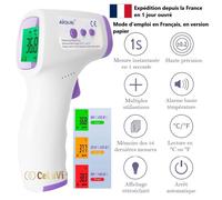 Thermomètre Frontal rapide et précis - CeLuVi - Avec alarme fièvre par Code Couleur, Ecran LCD, historique des mesures