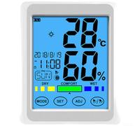 Thermomètre hygromètre numérique d'intérieur avec écran tactile et heure, jauge de température et d'humidité LCD pour chambre de bébé, dos magnétique et support pliable, 10 °C à 50 °C (blanc)