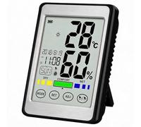 Thermomètre hygromètre numérique d'intérieur avec écran tactile et heure, jauge de température et d'humidité LCD pour chambre de bébé, dos magnétique et support pliable, 10 °C à 50 °C (noir)