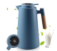 Thermos à thé 1 l avec affichage de la température, cafetière isotherme avec poignée en bois, théière thermique, avec bouton de sécurité simple, pour la maison, l'hôtel, le bureau, bleu