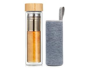 Thermos Bambuswald - Bouteille à thé avec couvercle et passoire, contenance 500 ml, verre à double paroi, couvercle en bambou 100% écologique