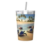 Thermos de voyage imprimé tortues sur la plage - Bouteille d'eau portable pour garder au chaud et au froid, tasse de voyage pour le bureau et le sport en voiture