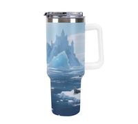 Thermos en acier inoxydable de 1,18 l avec poignée et couvercle à paille. Le design conique s'adapte au porte-gobelet de votre voiture. Thermos Iceberg à motif océan. Un must have pour le camping et