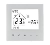 Thermostat électrique pour chauffage au sol avec programmation hebdomadaire, sécurité enfant, boîtier ignifuge, capteurs de température ambiante et de sol, montage mural, blanc