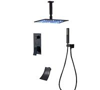 Thermostatic Black Rain Shower System LED Digital Display Shower Faucet Set Brass Shower Combo Set Ceiling Mounted Rain Mixer Shower with Waterfall Tub Spout, LED Shower Head, Hand Shower,8