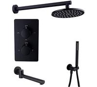 Thermostatic Brass Black Wall Mounted Shower Set with 8-12" Bathroom Rainfall Shower Faucet Set and Handheld Shower and Tub Taps, Shower Set,8 inch