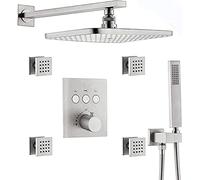Thermostatic Brass Rectangular 12 X 8 inch Air Pressure Rainfall Shower with 4 Pcs Body Jets Mixer Bathroom Shower Set,Brushed Nickel