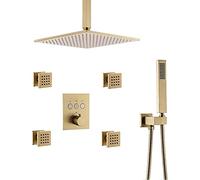 Thermostatic Brass Shower Faucet Complete Shower Kit with 12 inch Ceiling Rain Head and 4 Pcs Body Sprayer, Brushed Gold Shower Set