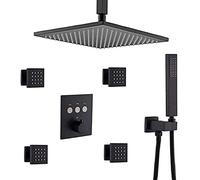 Thermostatic Matte Black Brass Shower Faucet Complete Shower Kit with 12 inch Ceiling Rain Head and 4 Pcs Body Sprayer, Shower Set
