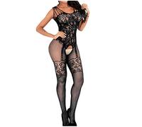TheSosy Body en Resille Teddy Lingerie pour Femmes Manches Barboteuse Combinaison Catsuit Vetements de Nuit,Taille Unique,Noir