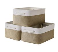 TheWarmHome Lot de 3 paniers de rangement pliables pour étagères avec poignées, boîtes de rangement en toile pour étagères et placards (blanc et kaki) 35,6 x 25,4 x 17,8 cm